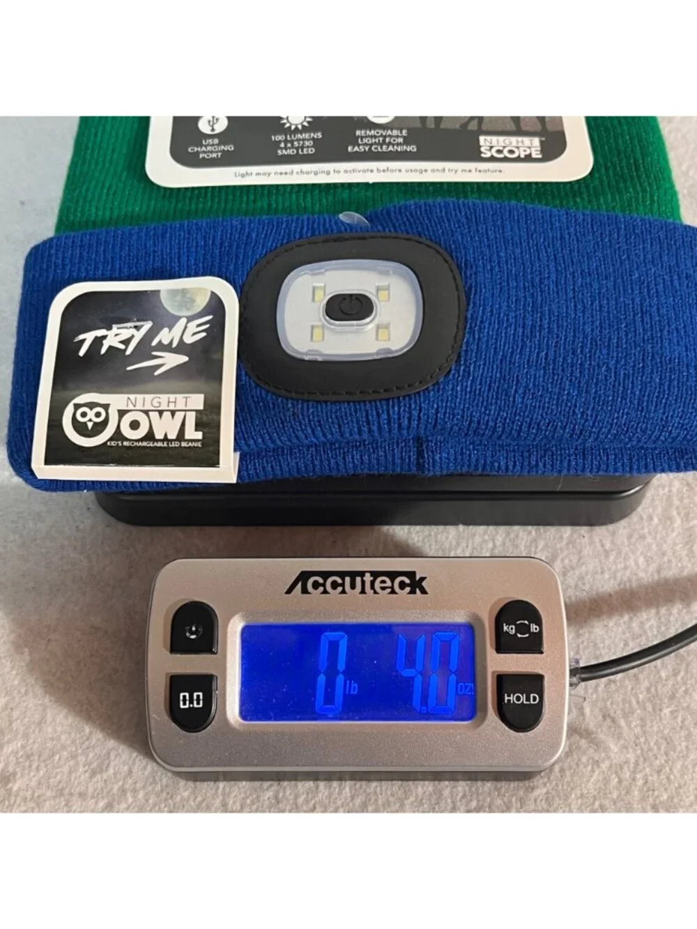 Night Owl Kids Rechargeable LED Beanie Hat Green & Blue With USB Charging Port